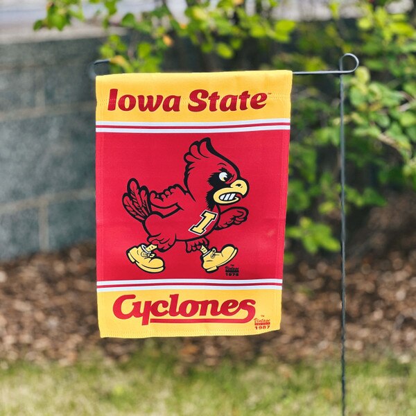 Vintage Walking Cy Cyclones Script Cardinal & Gold 2-Sided Garden Flag (12.5"x18")